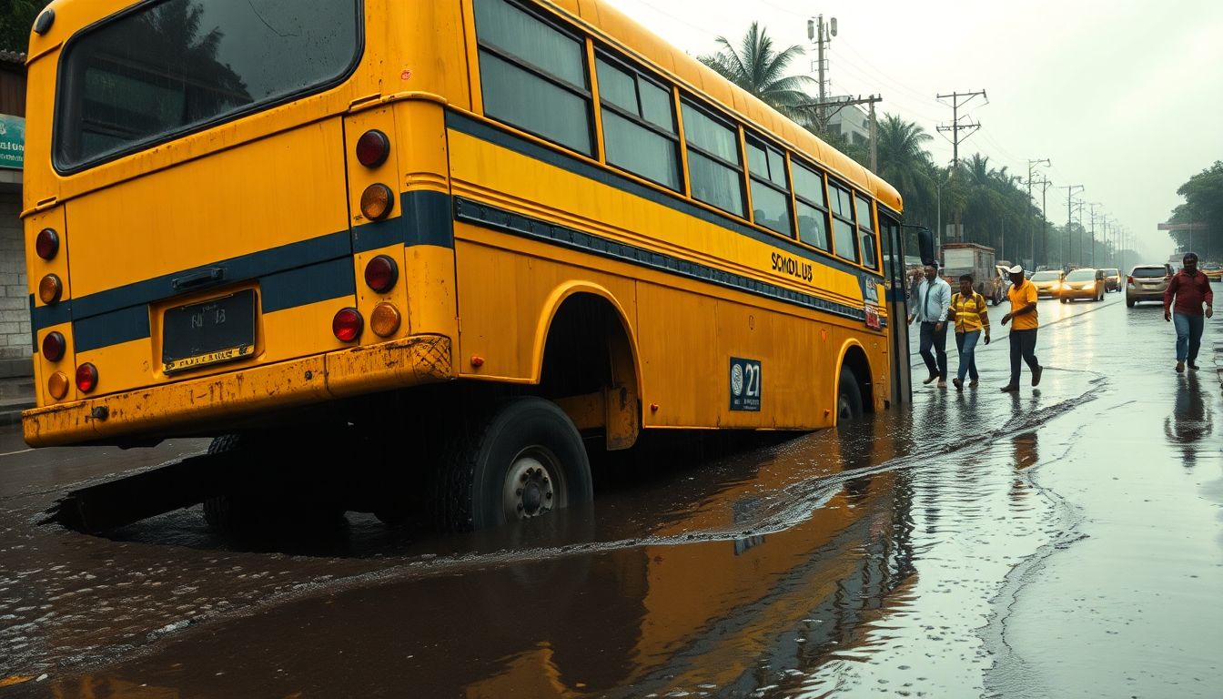 School bus with children trapped in Sector 53 road cave-in during heavy Gurugram rain