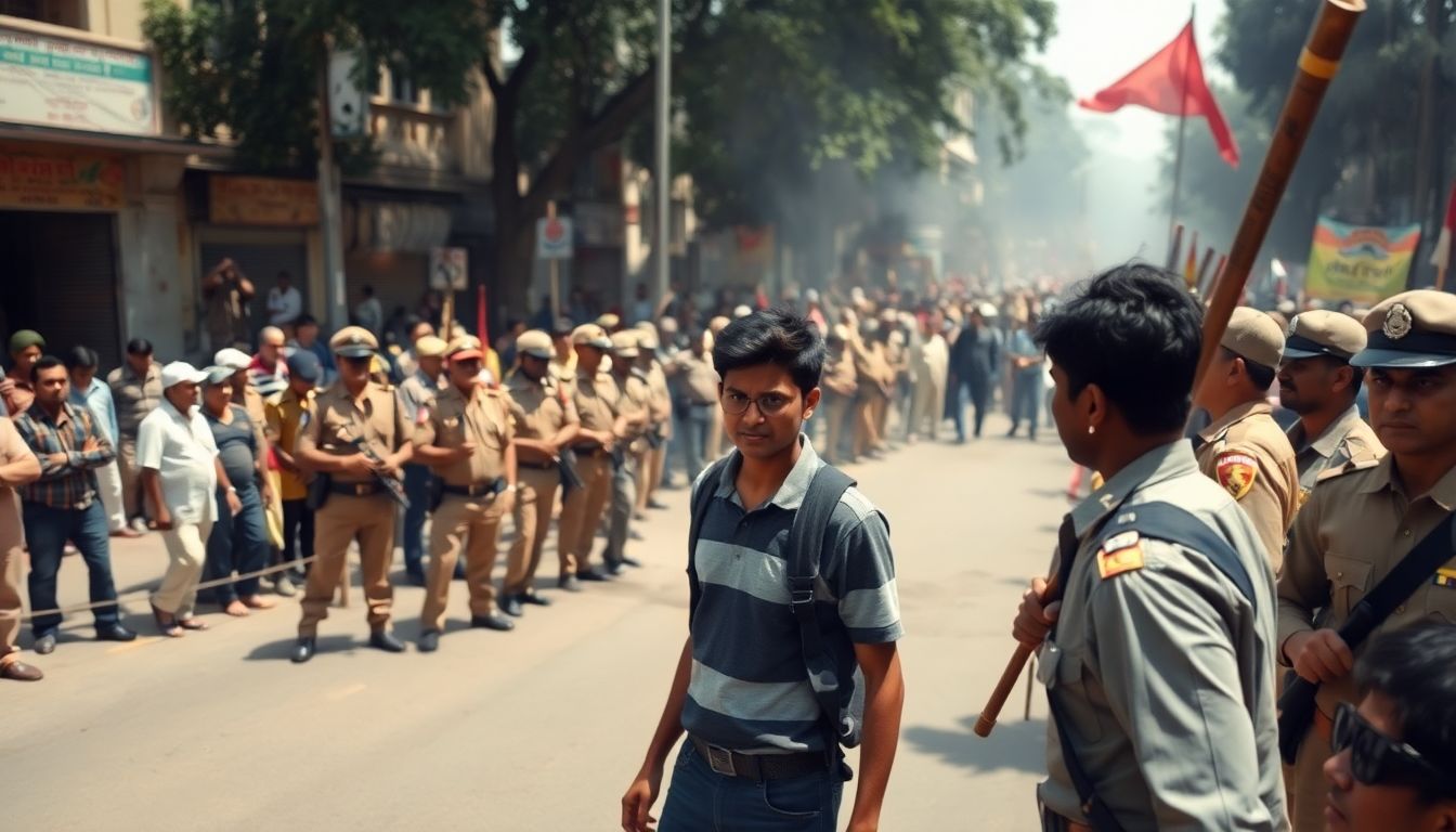 Protester challenges police during Cockroach Janta Party march in Central Delhi