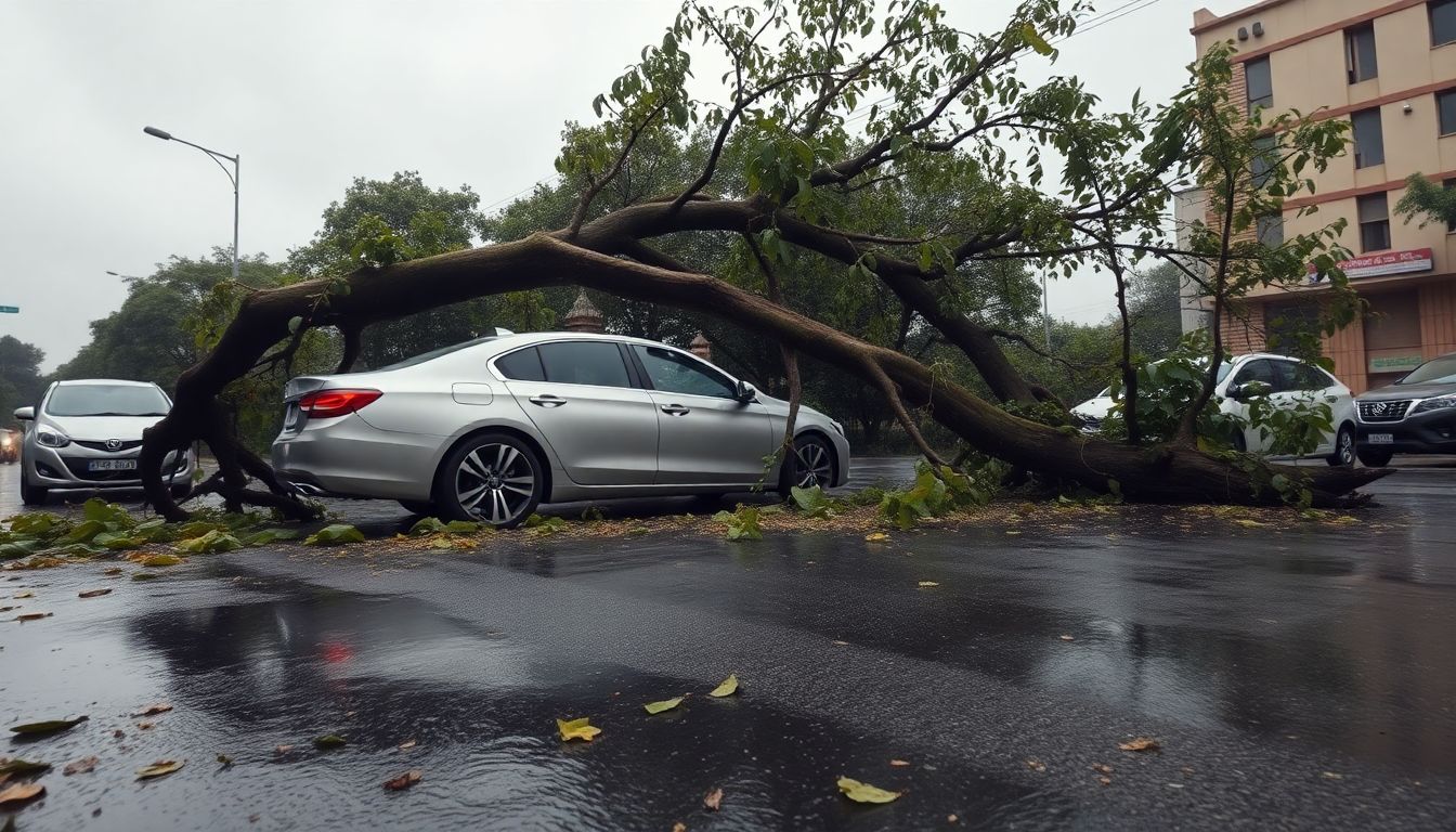 Fallen tree damages Mercedes and another car on Raja Dhir Singh Marg